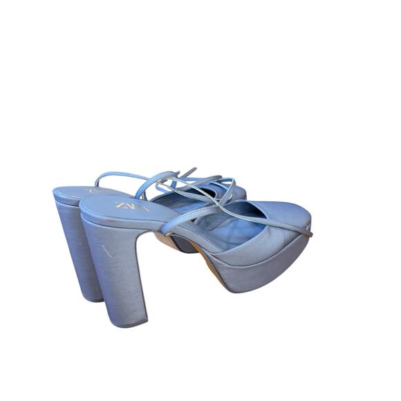 ZARA Chunky Heeled Platform Shoes Size 40 Blue Satin EUC $129 MSRP Square Toe - Picture 9 of 13